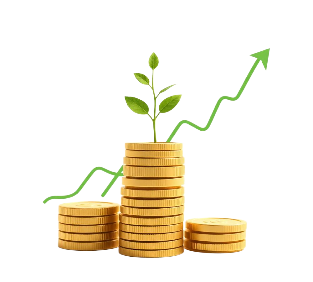 Growing coin stacks with an upward trending arrow